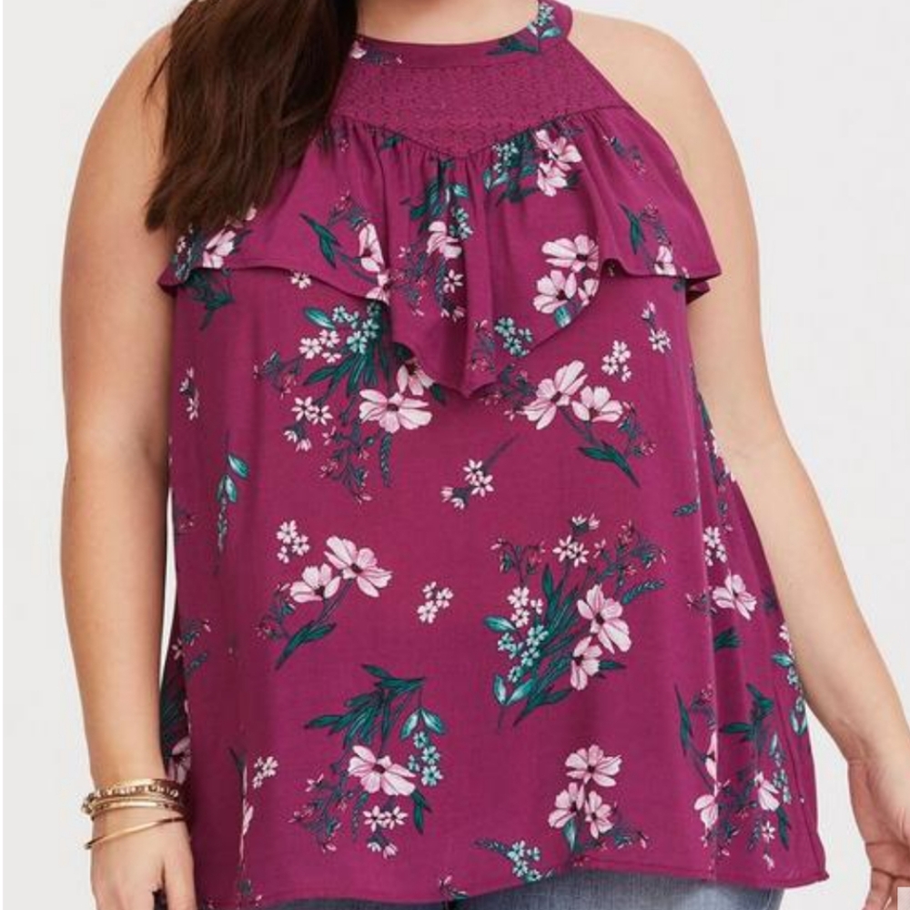NWOT TORRID Challis Ruffle Tank Lace Inset High-Neck Floral Print Berry Blouse
